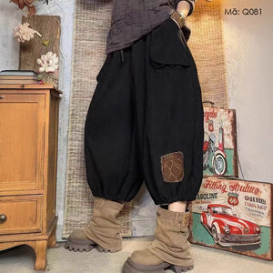 Quần baggy nhung tăm lưng thun túi hộp ống bo - Q080