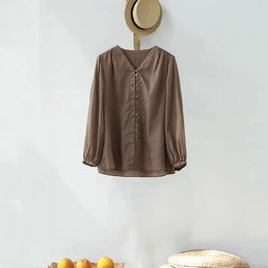 Áo sơ mi linen dài tay cổ V kiểu nhiều khuy cài - NU9053