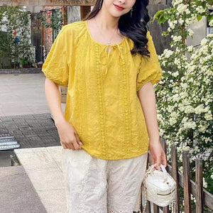Áo sơ mi ngắn tay cổ tròn thắt dây thêu ren - NU10233