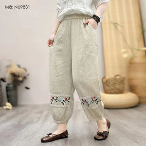 Quần baggy linen lưng thun ống túm thêu hoa lá - NU9830