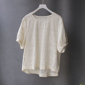 Áo T-shirt linen ngắn tay cổ tròn thêu hoa văn ô vuông - NU10234