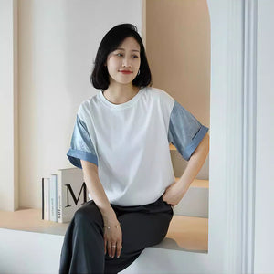 Áo T-shirt ngắn tay phối lệch màu cổ tròn - NU10456