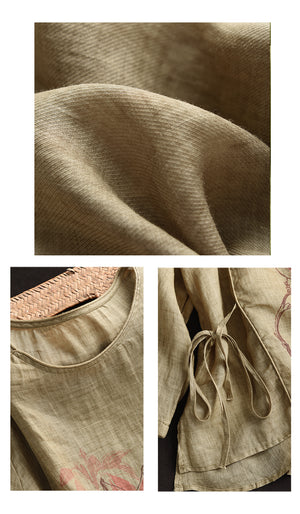 Áo sơ mi linen tay lửng cổ tròn in hoa lá thắt dây - NU10085