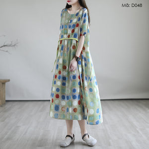 Đầm liền linen ngắn tay cổ tròn eo kiểu thắt dây - D047