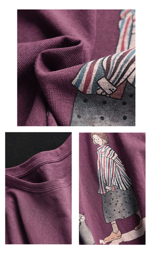 Áo T-shirt ngắn tay cổ tròn in cô gái và chú mèo - A849