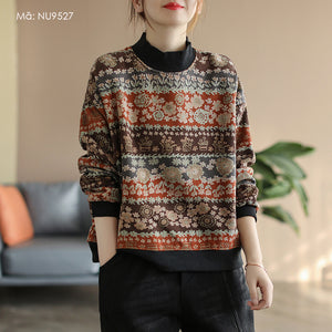 Áo T-shirt dài tay cổ đứng in hoa retro lót lông - NU9526