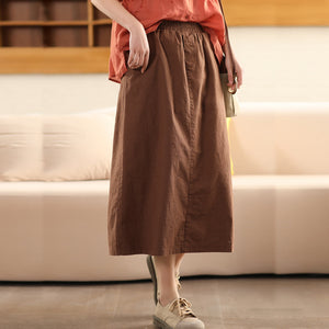Chân váy linen lưng thun hai túi xẻ vạt sau - V077