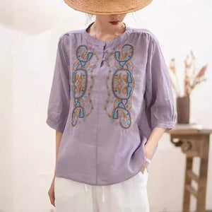 Áo sơ mi linen ngắn tay cổ tròn thêu retro hai khuy - NU10062