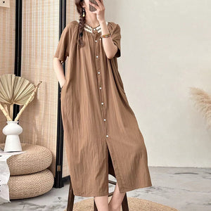 Đầm liền linen ngắn tay cổ tròn đính ren khuy cài - NU9944