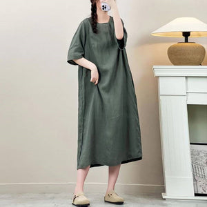 Đầm liền linen ngắn tay cổ tròn khuy cài hai bên - D005