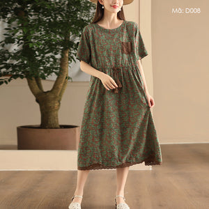 Đầm liền linen ngắn tay cổ tròn một túi ren eo cột dây - D007