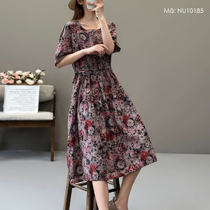 Đầm liền linen ngắn tay cổ tròn in hoa lá chiết eo - NU10184