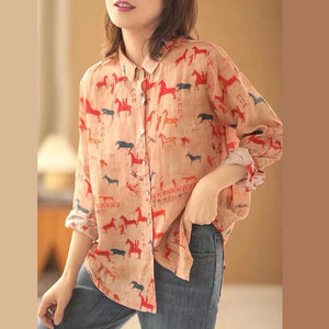Áo sơ mi linen dài tay cổ đức in những chú ngựa - A916