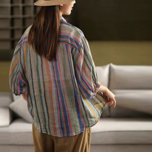 Áo sơ mi linen ngắn tay cổ đức kẻ sọc cầu vồng - A891