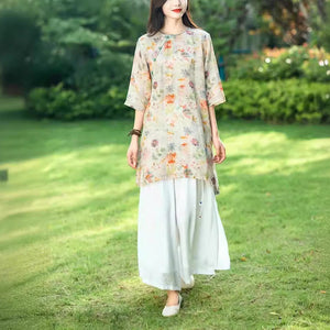 Đầm liền linen ngắn tay cổ tròn kiểu sườn xám in hoa lá - NU9988
