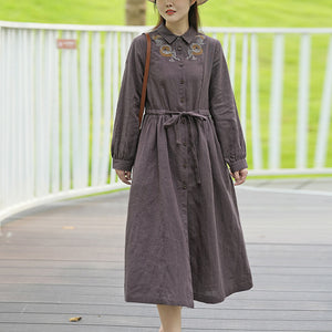 Đầm liền linen dài tay cổ đức thêu đối xứng cầu vai - NU9516