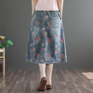Chân váy denim retro lưng thun in hoa hồng - NU10042