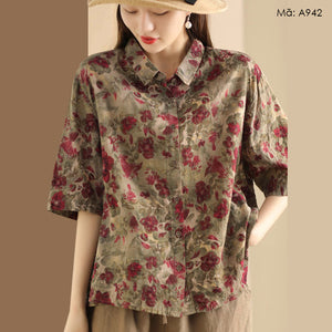 Áo sơ mi linen ngắn tay cổ đức in retro vạt bằng - A941