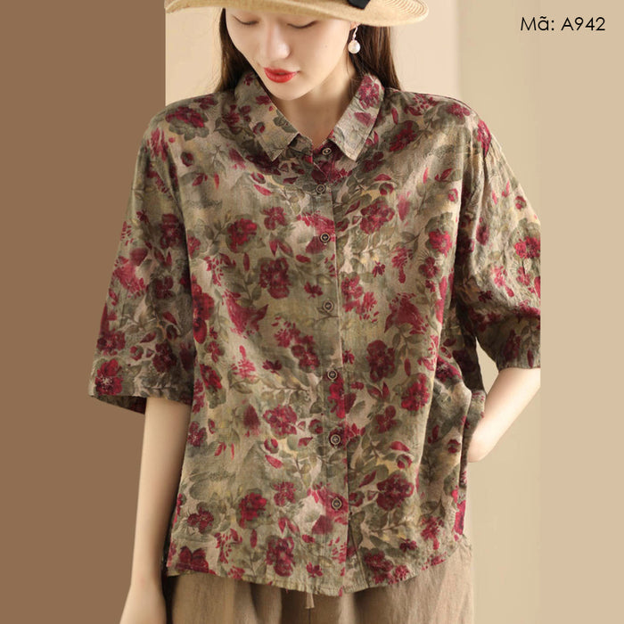 Áo sơ mi linen ngắn tay cổ đức in retro vạt bằng - A941