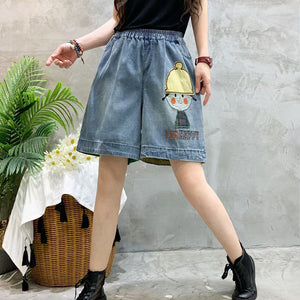Quần sooc denim lưng thun đính cô bé đội mũ - NU8826