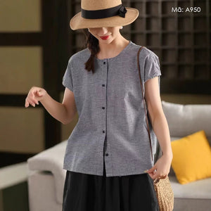 Áo sơ mi linen sát nách cổ tròn kiểu caro - A949