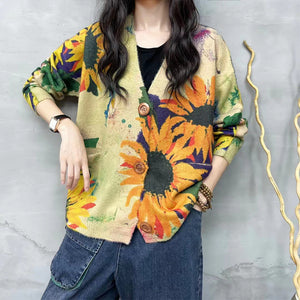 Áo khoác len cardigan dài tay cổ V in hoa hướng dương - NU9230