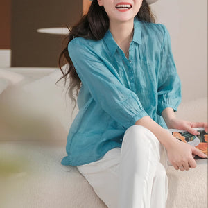 Áo sơ mi linen tay lửng cổ đức thêu hoa văn đối xứng - NU8866