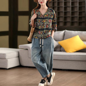 Áo sơ mi linen ngắn tay cổ V in hoa văn trừu tượng - A915