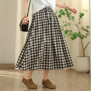 Chân váy linen lưng thun dây rút kẻ caro - V091
