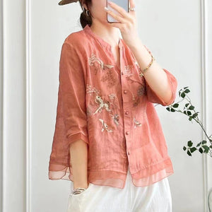 Áo sơ mi linen ngắn tay cổ V thêu tứ quý - NU9817