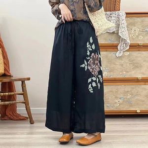 Quần baggy linen lưng thun ống rộng thêu hoa - NU9778
