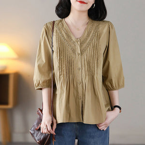 Áo sơ mi ngắn tay cổ V thêu ren xếp ly - NU8828