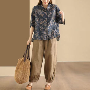 Áo sơ mi linen ngắn tay cổ đức in retro vạt bằng - A941