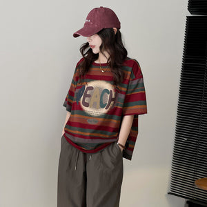 Áo T-shirt Peach ngắn tay cổ tròn kẻ sọc sắc màu - NU9953