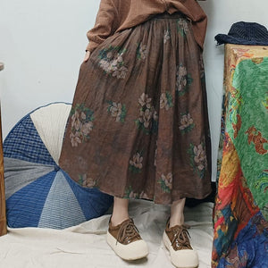 Chân váy linen retro lưng thun in hoa trà - NU9990