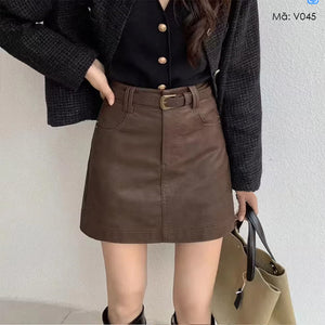 Chân váy ngắn da retro hai túi chéo kèm thắt lưng - V044