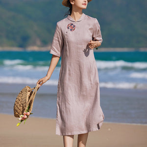 Đầm liền linen ngắn tay cổ tròn cánh sen thêu retro - NU9901