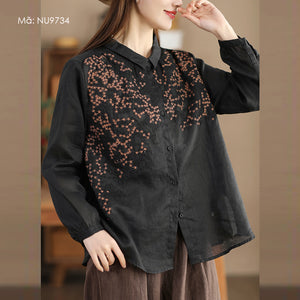 Áo sơ mi linen dài tay cổ pipi thêu những ngôi sao - NU9733