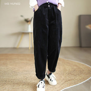 Quần baggy nhung tăm lưng thun kiểu đính hai khuy - NU9601