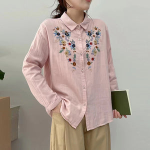 Áo sơ mi linen dài tay cổ đức thêu hoa trước ngực - NU10331