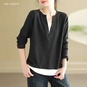Áo T-shirt dài tay cổ V đính khuy kiểu hai lớp - NU9578