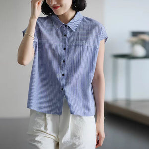 Áo sơ mi linen sát nách cổ đức kẻ sọc - NU10247