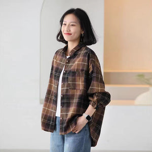 Áo sơ mi dài tay cổ đức kẻ sọc caro form dài - NU9727