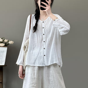 Áo sơ mi linen dài tay cổ tròn đơn sắc - NU10116