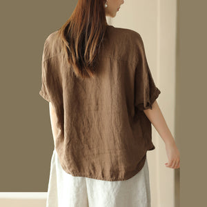 Áo sơ mi linen ngắn tay cổ tròn một túi nhỏ - NU10034
