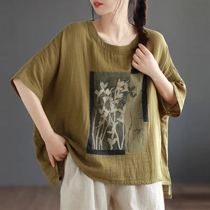 Áo T-shirt linen ngắn tay cổ tròn form rộng in hoa lá - NU8898
