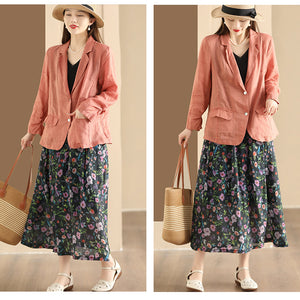 Chân váy linen lưng thun in hoa lá kiểu hai lớp - NU10222