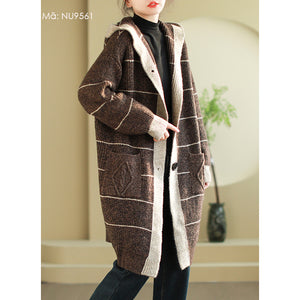 Áo khoác len đan cardigan form dài hai túi kẻ sọc có mũ - NU9560