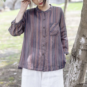 Áo sơ mi linen jacquard tay lửng cổ đứng kẻ sọc - NU9910