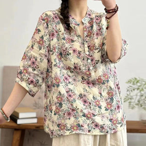Áo sơ mi linen ngắn tay cao cổ năm khuy cài in hoa lá - NU10430
